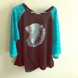 Burn out Indian head dress top with lace sleeves
